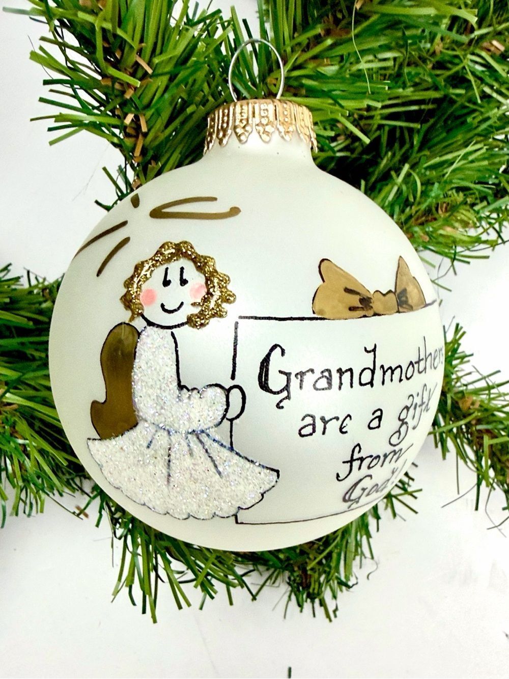 Vtg TERESA THIBAULT Glass Christmas "Grandmothers are a gift from God!" Ornament